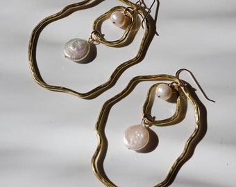 Brass Organic Double Circle and Freshwater Pearl Earrings; Pearl Earrings; Brass Earrings; Organic Earrings; Hoop Earrings; hammered Earring