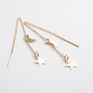 Sterling Silver Celestial Threader Earrings; Moon and Star Earring Threaders; Celestial Earrings; Ear Threader; silver threader earrings