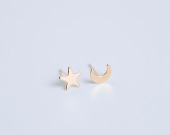 14 Karat Gold Moon/Star Celestial Stud Earrings, gifts for her