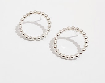 Sterling Silver Beaded Circle Stud Earrings; Silver Stud Earrings; geometric silver stud earrings