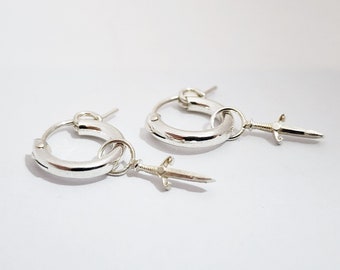 Mini Dagger Sterling Silver Charm Hoop Earrings; Sword Hoop Earrings; Silver Dagger Earrings, Charm Hoop Earrings