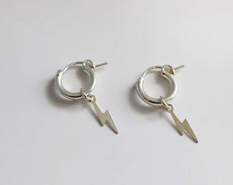 Sterling Silver Lightning Bolt Hoop Earrings: 12mm Huggie Hoops