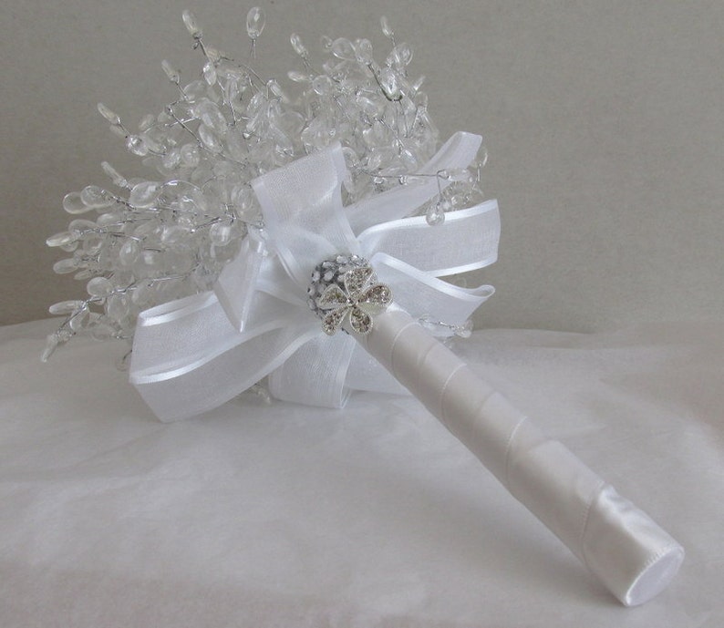 Ribbon cascade Bride hand flower arrangement alternative Very light Crystal wired bridal bouquet Wedding keepsake. Wedding flowers