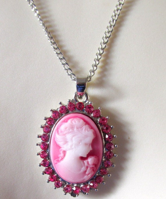 Silver Plated Vintage Pink CZ Stones Victorian Beauty Cameo
