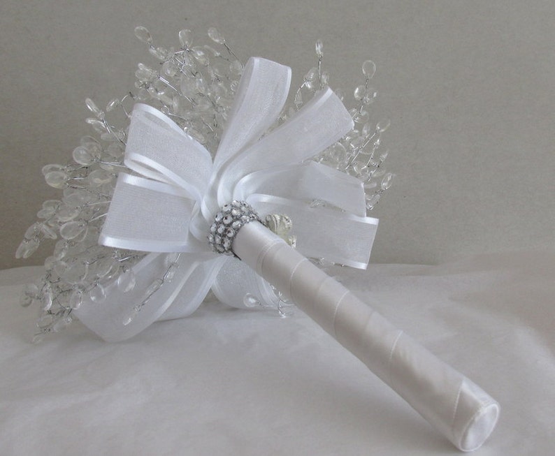 Ribbon cascade Bride hand flower arrangement alternative Very light Crystal wired bridal bouquet Wedding keepsake. Wedding flowers