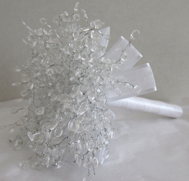 Ribbon cascade Bride hand flower arrangement alternative Very light Crystal wired bridal bouquet Wedding keepsake. Wedding flowers