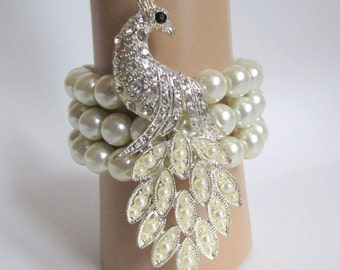 Bridal Bridesmaid Peacock Pearl Wristlet bouquet alternative 3 row bracelet.  Wedding corsage. Birthday Anniversary Mothers Day Gift Idea