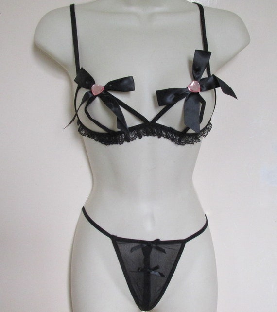 Black Peek-a-boo Bra Thong Set. Harness Bra Thong Lingerie. Satin