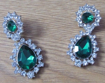 Vintage Crystal encrusted emerald green teardrop dangle stud earrings.
