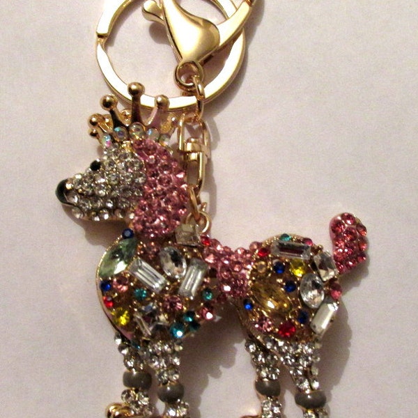 Encrusted Crystal dog bag charm key ring. Bling rhinestone crown gold plated keychain. Dog lover