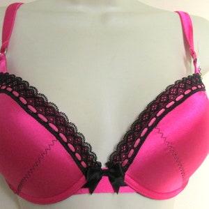 3DD Push-up Hot Pink Satin Padded Lace Trim Wired Bra