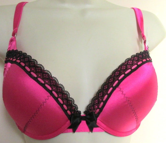 32DD Push-up Hot Pink Satin Padded Lace Trim Wired Bra 