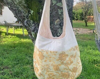 Fabric yellow Shoulder bag with top cream panel, tote bag, soft yellow fabric, lined