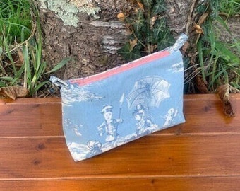 Classic French fabric, Toile de Jouy cosmetic bag gift- cotton Pouch, pencil case. zipped and lined with a flat base. Recycled fabric.