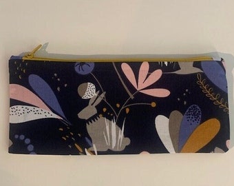 Pencil case, pouch, cosmetic case, hare fabric, contrast zip and lining. hand made from recycled fabric