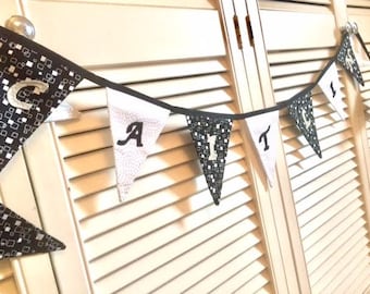 Personalised bunting for girls or boys, birthday gifts. Black, white and grey theme.