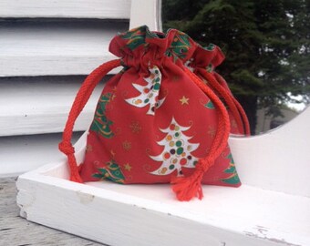 Red christmas tree design bag with drawstring, gift bag, pouch,  lined