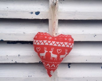 Red Christmas reindeer fabric stuffed hanging hearts for xmas, fabric loop for hanging