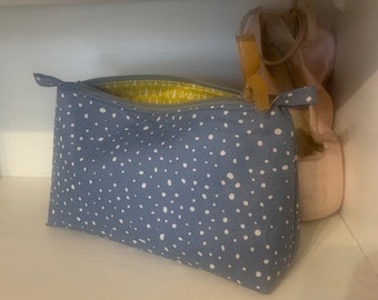 Eleanor collection gift- organic blue spotty cotton Pouch, pencil case, cosmetic bag. zipped and lined with a flat base.