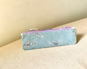 Toile de jouy mini Pencil case, pouch, cosmetic case,  contrast zip and lining. Hand made from recycled fabric