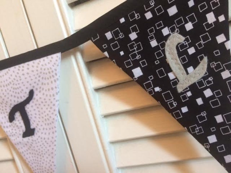 Personalised bunting for girls or boys, birthday gifts. Black, white and grey theme. image 3