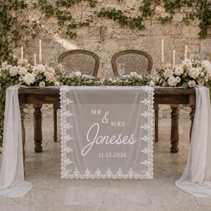 Op de afbeelding: Een witte kanten tafelloper gedrapeerd over een houten tafel, met de tekst MR & MRS Joneses 11.13.2026. De tafel is versierd met witte bloemstukken, kaarsen en twee stoelen, geplaatst tegen een stenen muur met klimplanten.