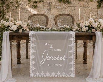 Custom Lace Wedding Table Runner, Personalized Sweetheart Table Banner, Bride and Groom Head Table Sign,Personalized Wedding Reception Decor