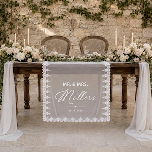 Peut inclure: Un chemin de table blanc transparent avec une bordure en dentelle complexe, portant le texte imprimé MR. & MRS. Millers et la date 13.09.2026. Le chemin est posé sur une table en bois dressée pour deux, entourée de fleurs et de bougies.