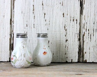 Antique Milk Glass Vanity Bottles with Lids : hand painted EAPG