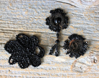 Antique Black Glass Mourning Beaded Appliqué Trim