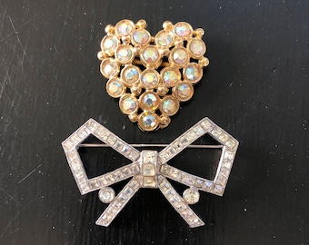 1950s Heart and Bow Brooches : rhinestones and aurora borealis