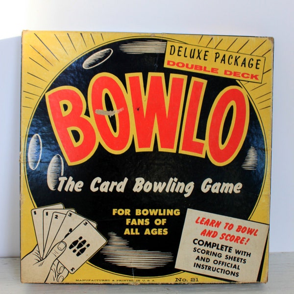 vintage bowlo game // copyrighted 1957 // feature games, cedar rapids, iowa // retro toy // card game