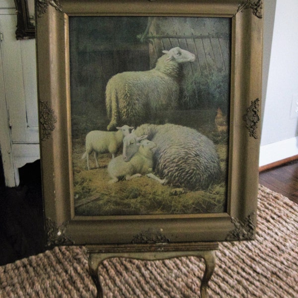 RESERVED FOR CHRISTINE.........First Payment........  Antique Sheep Painting Print Gilt Wood Gesso Frame Ornate Pastoral Farmhouse Antiques