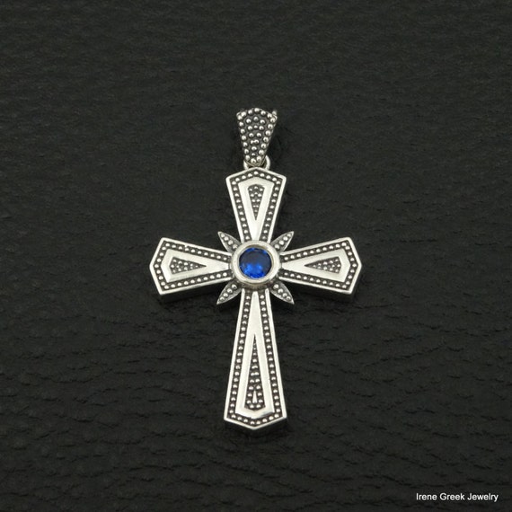 Blue Sapphire Cz Cross Byzantine Style 925 Sterling Silver | Etsy