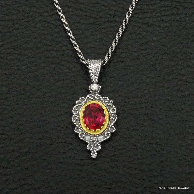 Pink Ruby Cz Pendant Byzantine Style 925 Sterling Silver /& 22K Gold Plated Greek Handmade Art Luxury