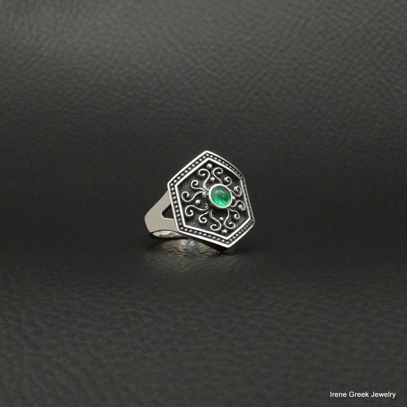Natural Emerald Ring Byzantine Style 925 Sterling Silver Greek Handmade Art Luxury
