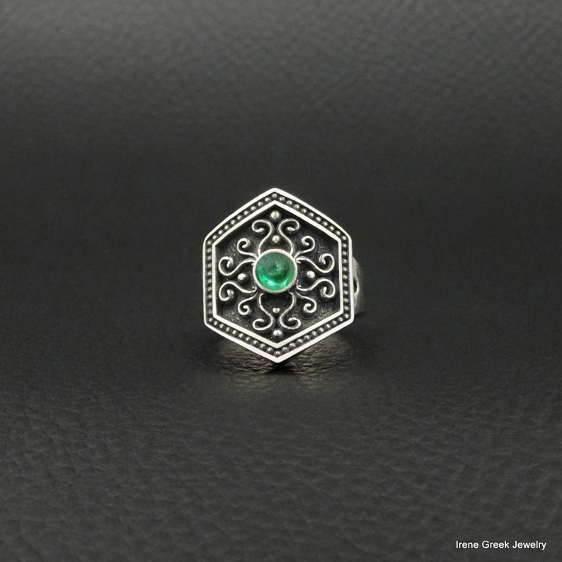 Natural Emerald Ring Byzantine Style 925 Sterling Silver Greek Handmade Art Luxury