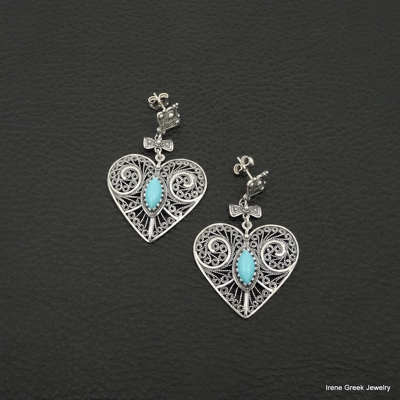 Turquoise Earrings Heart Filigree Style 925 Sterling Silver Greek Handmade Art Big Rare