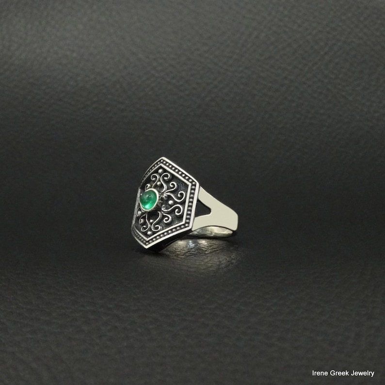 Natural Emerald Ring Byzantine Style 925 Sterling Silver Greek Handmade Art Luxury