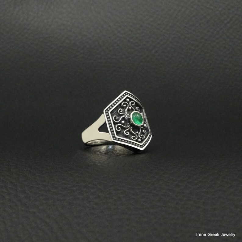 Natural Emerald Ring Byzantine Style 925 Sterling Silver Greek Handmade Art Luxury