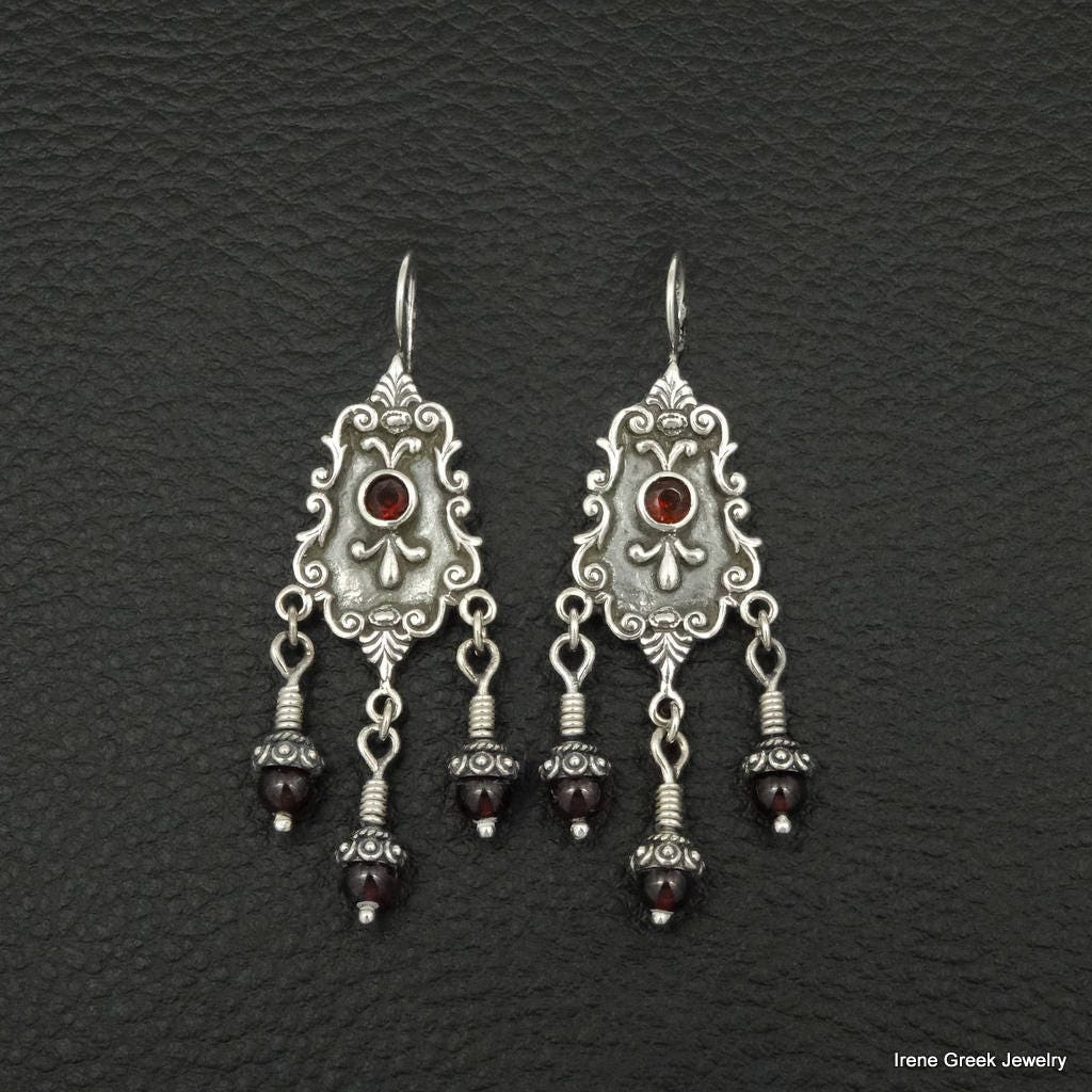 Natural Garnet Earrings Byzantine Style 925 Sterling Silver | Etsy