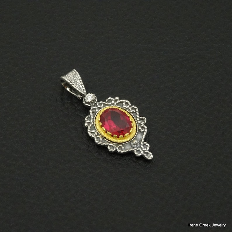 Pink Ruby Cz Pendant Byzantine Style 925 Sterling Silver /& 22K Gold Plated Greek Handmade Art Luxury
