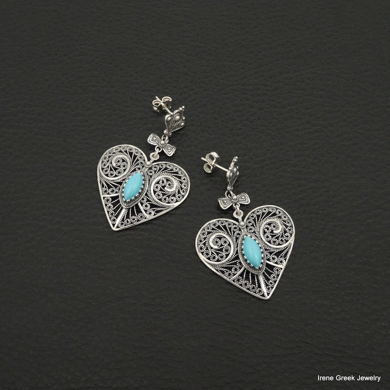Turquoise Earrings Heart Filigree Style 925 Sterling Silver Greek Handmade Art Big Rare
