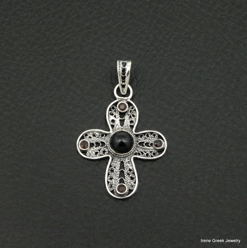 Black Onyx & Natural Garnet Cross Pendant Filigree Style 925 | Etsy