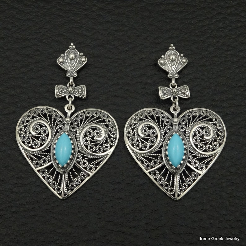 Turquoise Earrings Heart Filigree Style 925 Sterling Silver Greek Handmade Art Big Rare