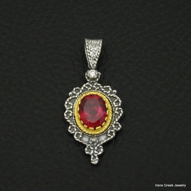 Pink Ruby Cz Pendant Byzantine Style 925 Sterling Silver /& 22K Gold Plated Greek Handmade Art Luxury