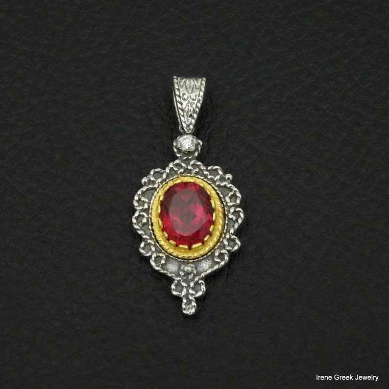 Pink Ruby Cz Pendant Byzantine Style 925 Sterling Silver /& 22K Gold Plated Greek Handmade Art Luxury