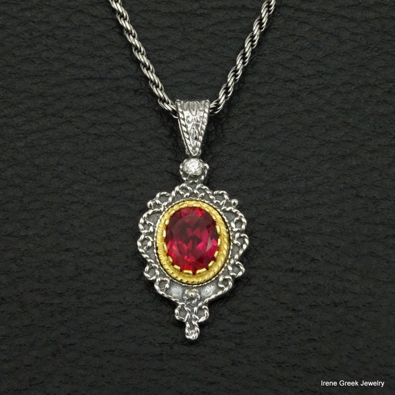 Pink Ruby Cz Pendant Byzantine Style 925 Sterling Silver /& 22K Gold Plated Greek Handmade Art Luxury
