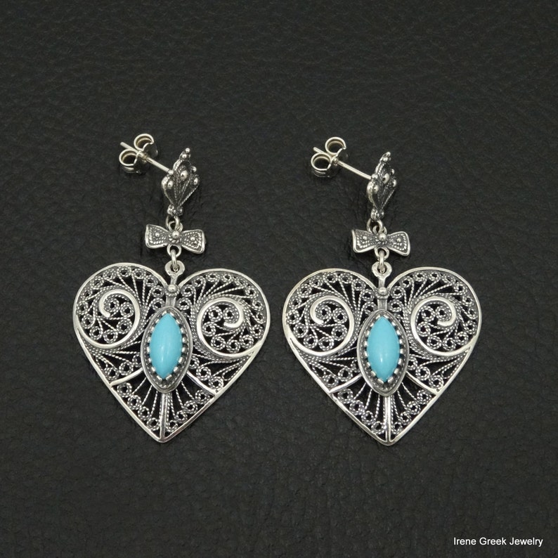 Turquoise Earrings Heart Filigree Style 925 Sterling Silver Greek Handmade Art Big Rare