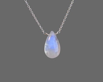 Moonstone Necklace • Sterling Silver or Gold Filled • Smooth Rainbow Moonstone • Pear Shape • Natural Moonstone Necklace • June Birthstone